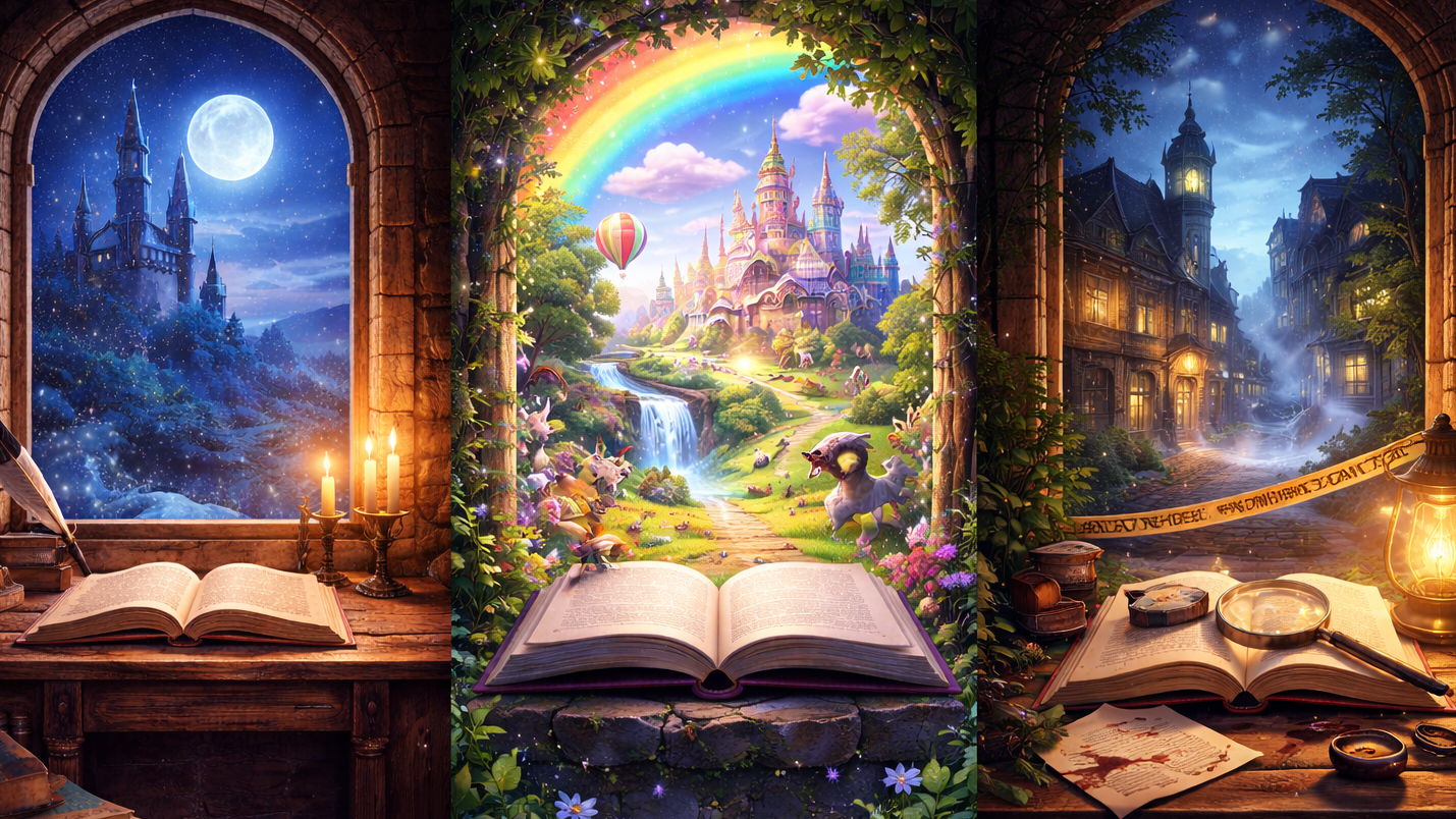 Three scenes of open books revealing magical landscapes with castles, rainbows, and nature.